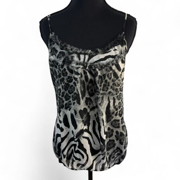 Vigoss Collection Y2K Animal Print Cami Top L Black White Zebra Leopard Ruffle - Picture 1 of 8